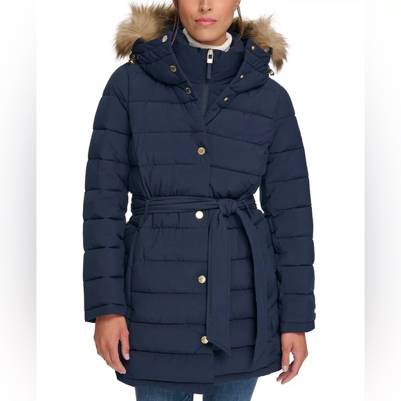 Tommy Hilfiger Navy Belted  Hooded Puffer Coat Womens Size XL EUC! Like new! - Picture 1 of 16